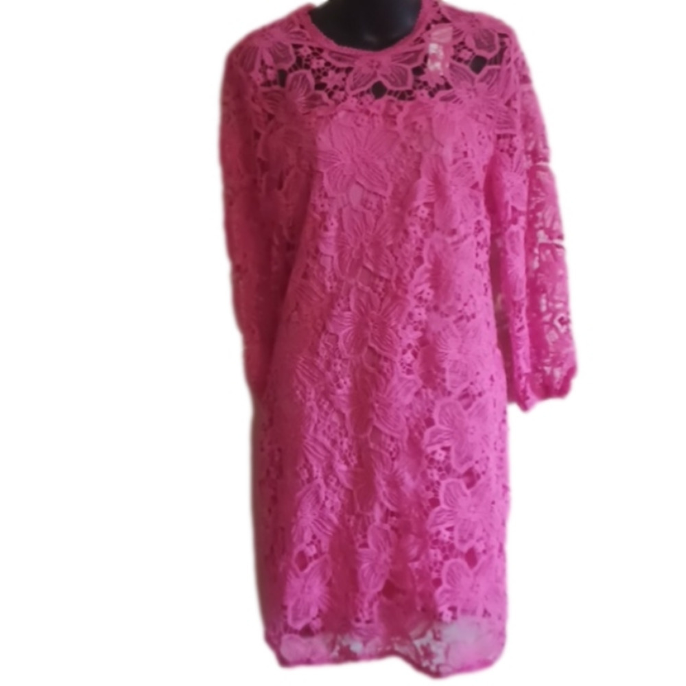 Nwt New York & Company Bright Pink Lacey Floral Dress .Size Large.